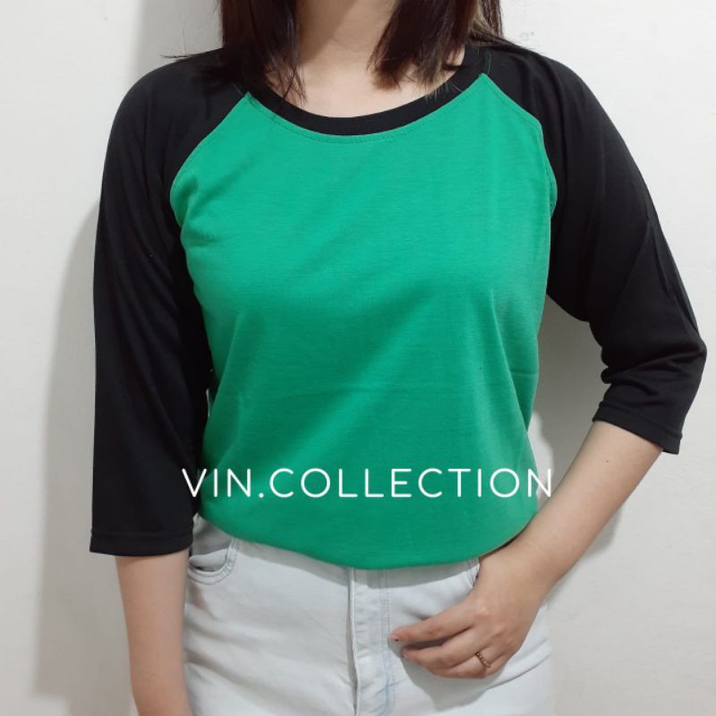 Kaos polos raglan 3/4 pria wanita - hijau tosca kombinasi hitam