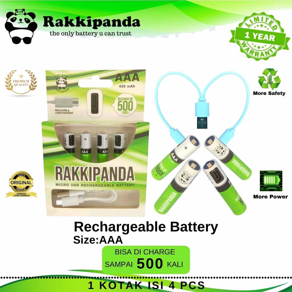 R/K- RakkiPanda - Baterai Cas isi Ulang AAA 1.2V Micro USB Rechargeable Ni-MH Battery Charge