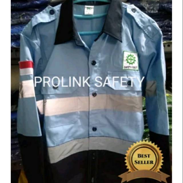 BAJU SERAGAM SAFETY BIRU LANGIT KOMBINASI DONGKER KANCING PREMIUM