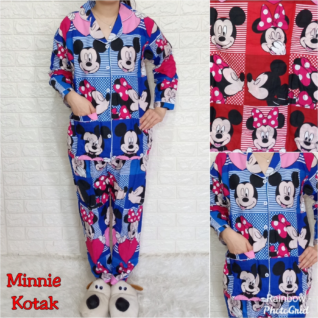 Piyama dewasa PP panjang, katun jepang, fit to xl, motif MICKEY/MINION/PANDA