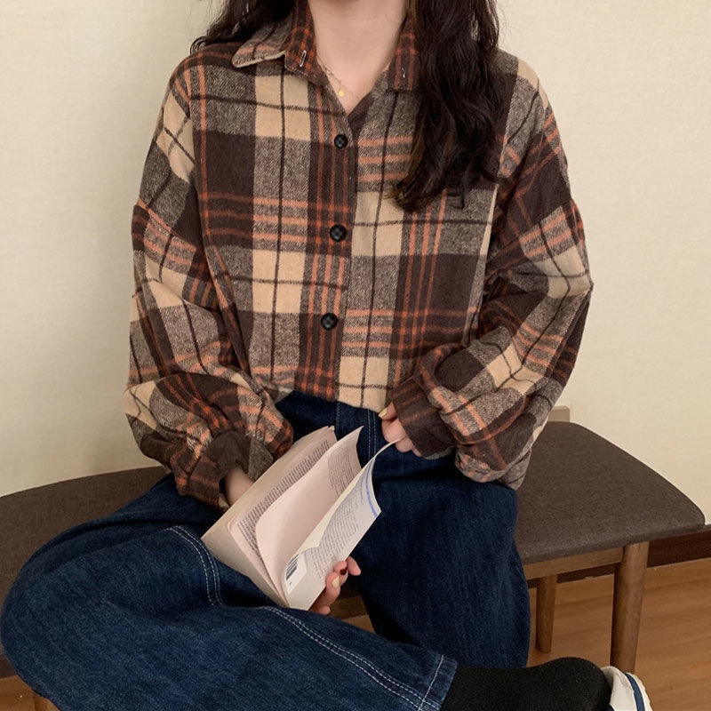 AJWShop Kemeja Flanel Wanita Lengan Balon Oversize Import Tebal Premium | Atasan Kemeja Wanita Jumbo Import Bahan Tebal | Kimberly Kemeja Flanel Import Premium | Kemeja Planel Wanita-TEBAL Choco