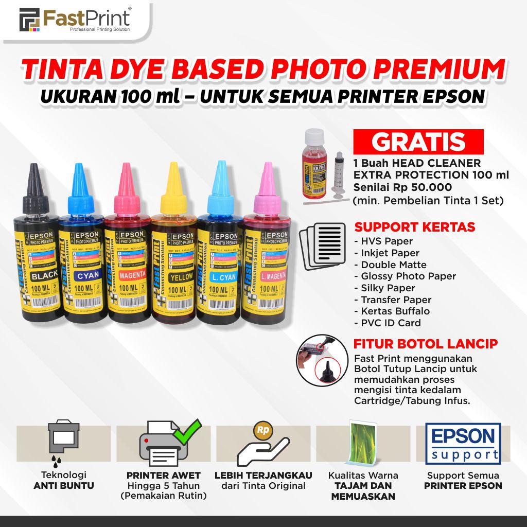 Tinta Dye Based Photo Premium Epson 1 Set - 6 Warna - 100 ML