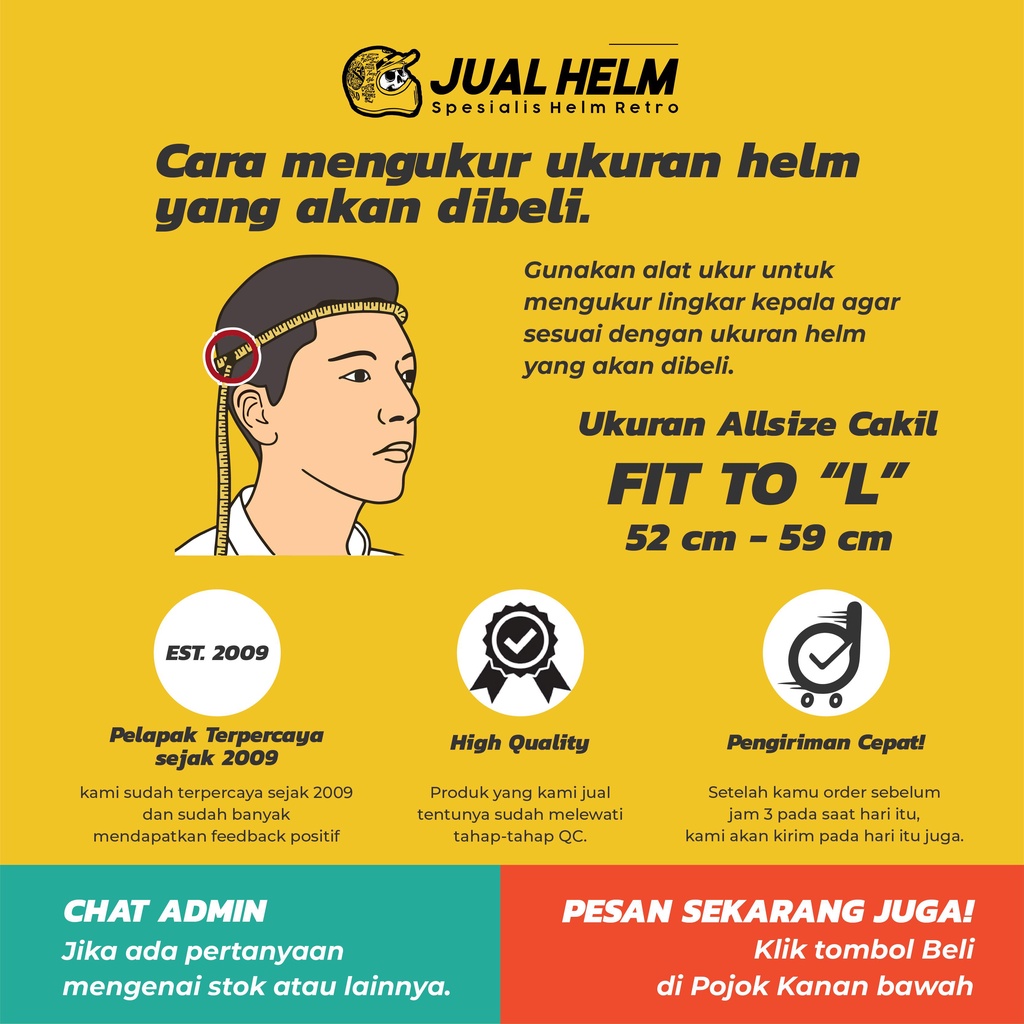 HELM CAKIL HBC PILOT VISOR POLOS + FREE Sarung Tangan Kulit (Helm HBC Cakil/Helm Retro/Helm Vespa/Helm Klasik)