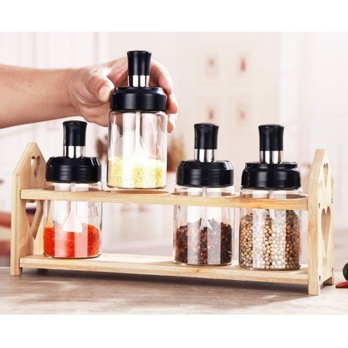 TERMURAH SESUMBAR BOTOL TEMPAT BUMBU DAPUR KACA + SENDOK / WADAH PENYIMPANAN KOPI GULA GARAM MICIN L