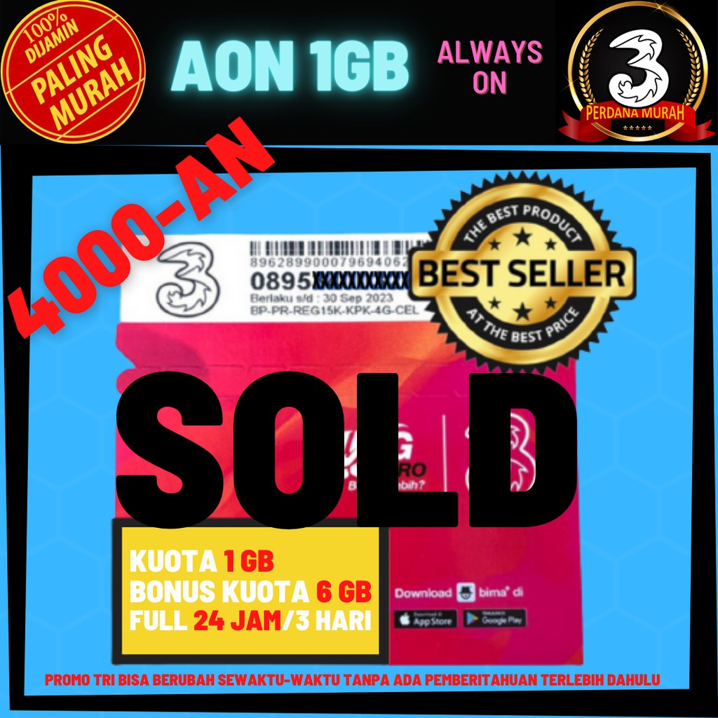 Kartu Nomor Nomer Kuota Perdana Cantik Murah Tri Three 3 AON 1GB Always On