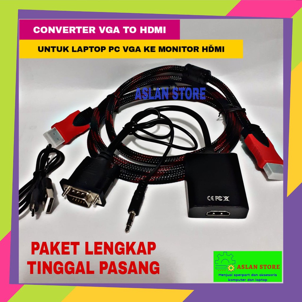 Converter VGA to HDMI Video Adapter with USB and Aux Audio Cable + Kabel hdmi to hdmi