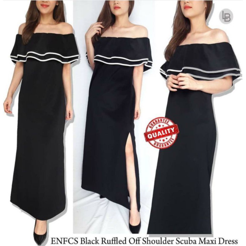 Black ruffled Off  shoulder scuba maxi dress