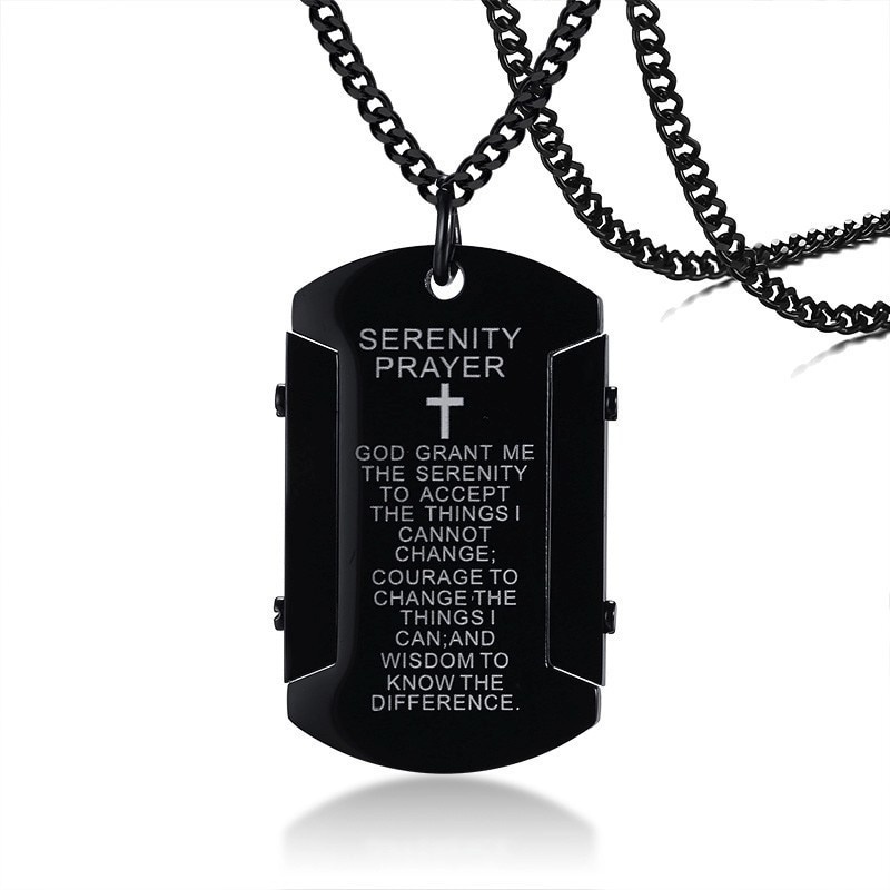 Retro Black Wisdom Serenity Prayer Steel Dog Tag Necklace Pendant for Men Christian Jewelry With