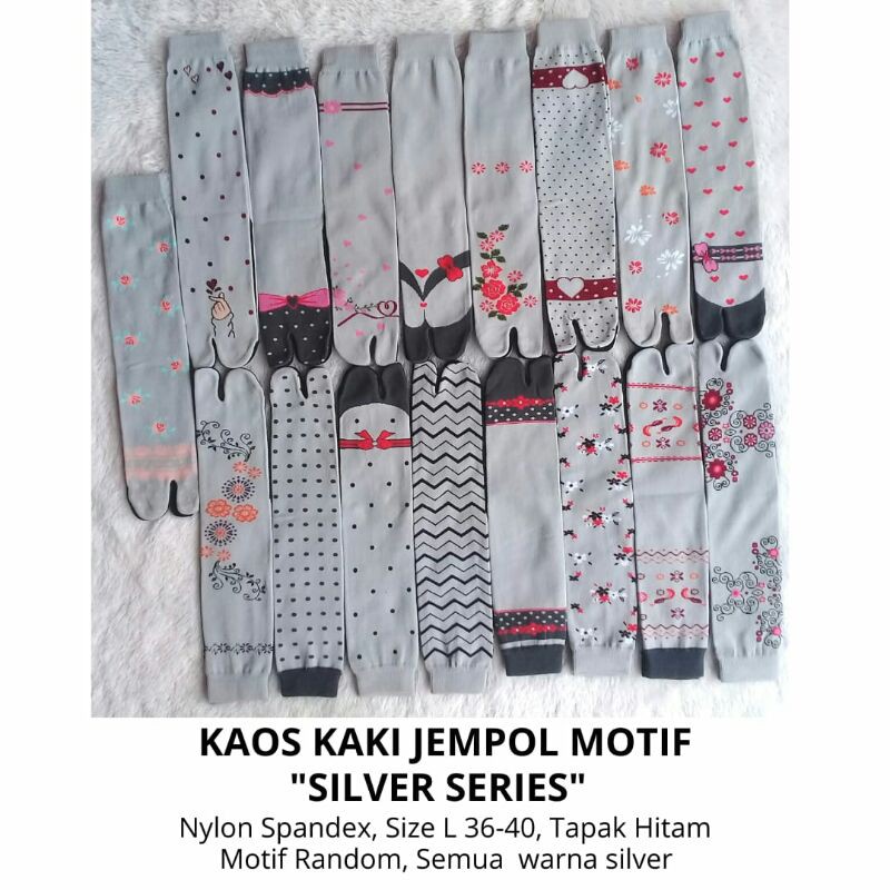 Kaos Kaki Jempol Motif Abu Muda/Silver Series, Wanita Muslimah Tapak Hitam Nylon Spandex Tebal Murah