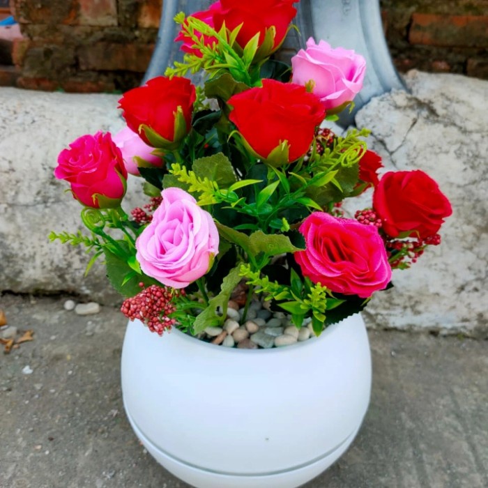 Hiasan Meja - Bunga Mawar Bulan Arteficial Vas Bola//Bunga Mawar Hiasan Meja Tamu