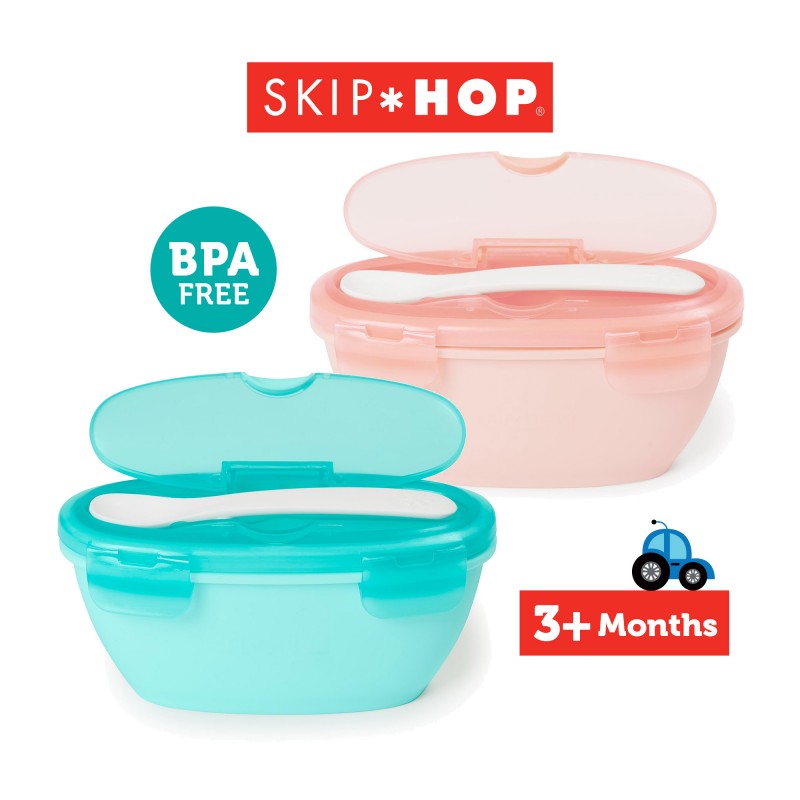 Skip Hop Easy Serve Travel Bowl &amp; Spoon Mangkok Bayi - Teal / Coral