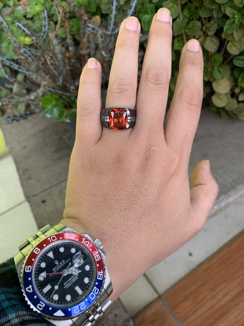 Cincin Pria Akik Merah Red Ruby Casual Minimalis Mewah Ring Hitam 18K Gold Filled Black Platted