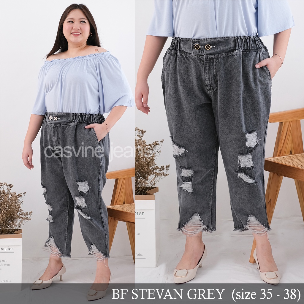 Boyfriend Jeans BF Rubber Pinggang Karet SNOW GREY Bigsize Jumbo