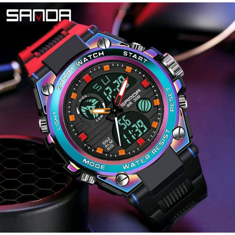 Jam Tangan Sanda Jam Tangan Kombinasi Warna Outdoor Jam Tangan Rantai Dualtime