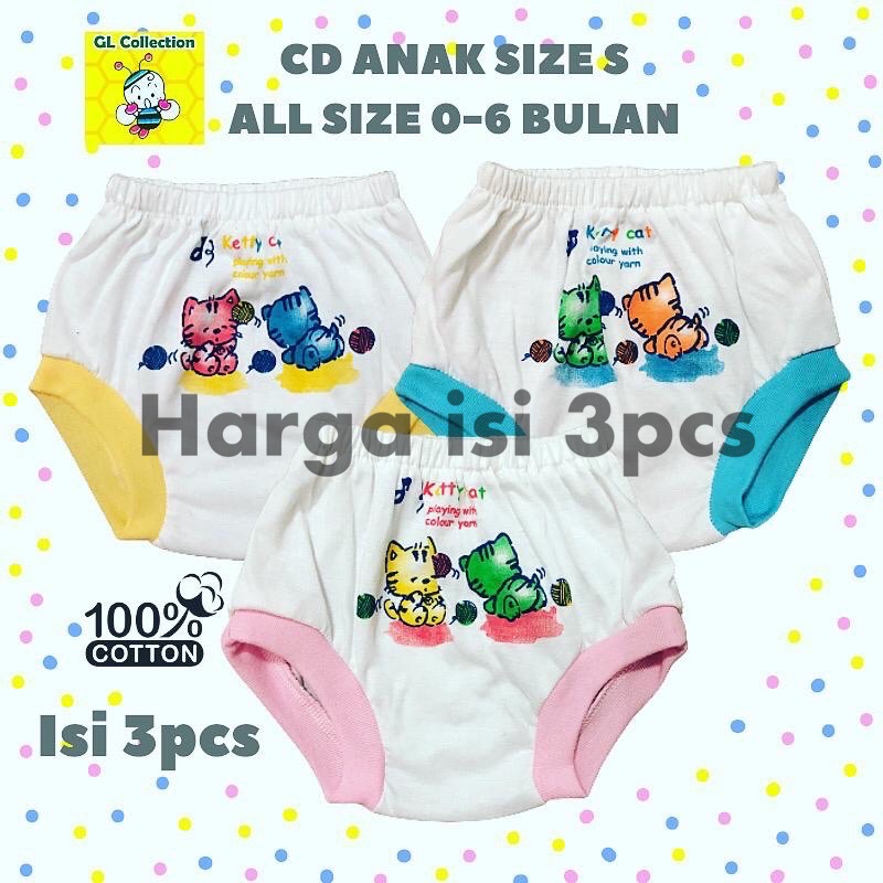 OBRAL! ISI 3PCS! CD CELANA DALAM 100%KATUN SIZE S BAYI 0-6 BULAN