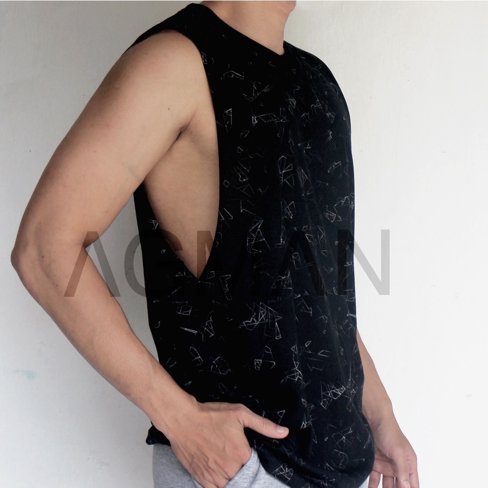 AGMAN Tank Top Low Cut Kaos Gym Fitness Pria Olahraga Motif Crash Brown Keren Terbaru