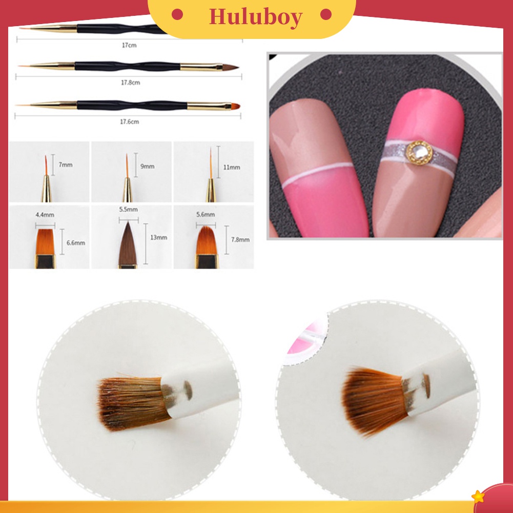 Huluboy Huluboy♡ 3pcs Pen Brush Nail Art Akrilik Bulat Datar Untuk Menggambar Garis Manicure