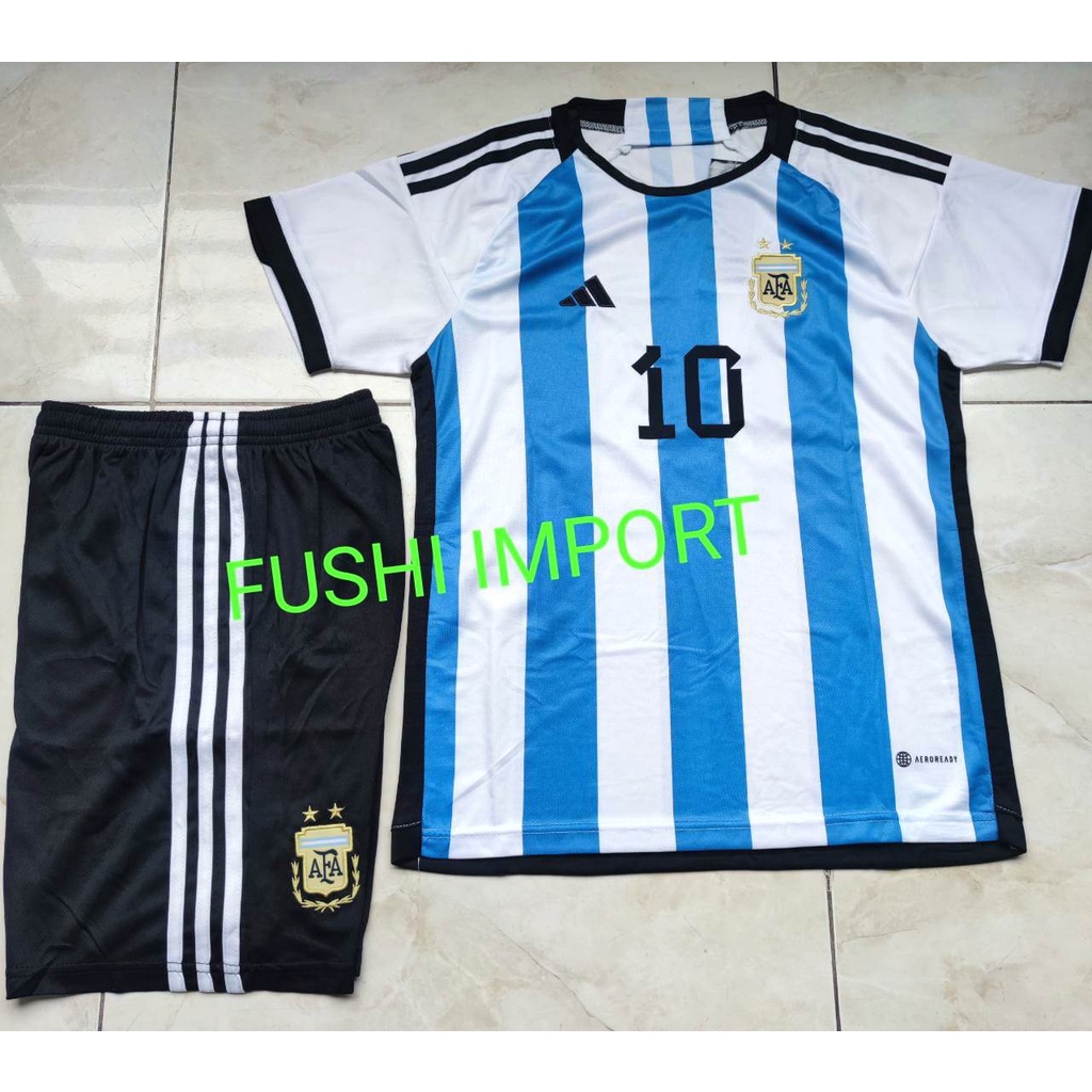 Jersey Baju Bola Anak Argentina Home Kids World Cup Piala Dunia 2022 Fullset Satu Set Grade Ori