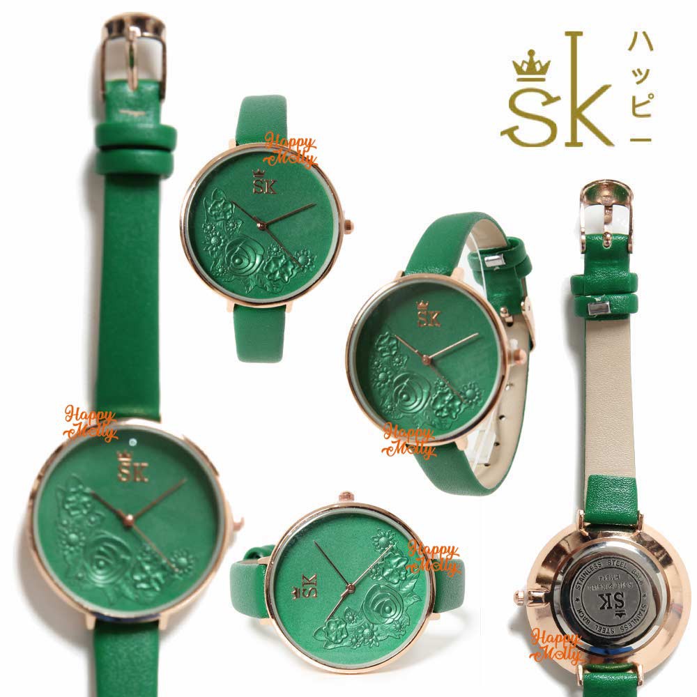 SK Mawar 3D [ Hijau ] Jam Tangan Water Resistant Wanita Fashion Strap Leather - SK_814