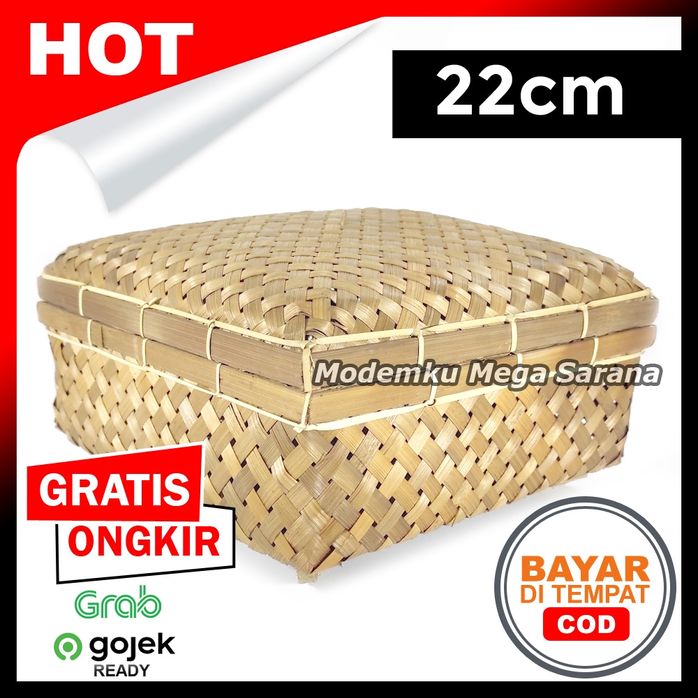 22 cm - Sokase Bambu Kotak Besek Kaki Keranjang Box Roti Hampers