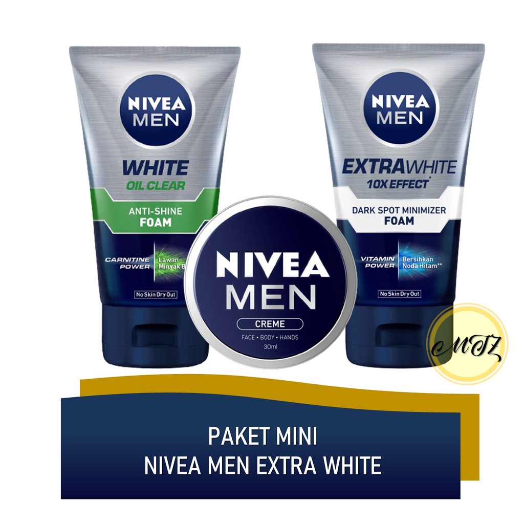 Paket Mini Nivea Men Extra White - 2Pcs ( Foam50ml + Creme30ml ) / Paket Skincare Wajah Pria / Peraw