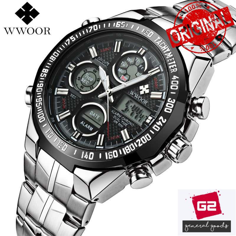 Jam Tangan Pria Analog Digital Luxury WWOOR 8019 Stainless Steel Waterproof Original