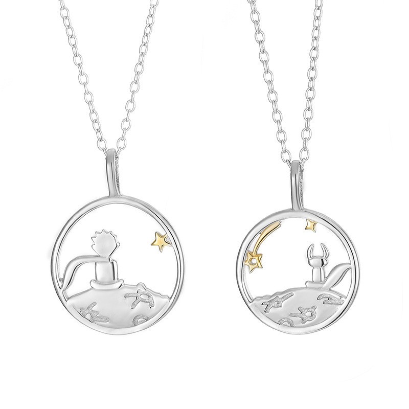 Kalung Rantai Klavikula Dengan Liontin Hewan Pangeran Dua Warna Bahan Alloy Untuk Pasangan