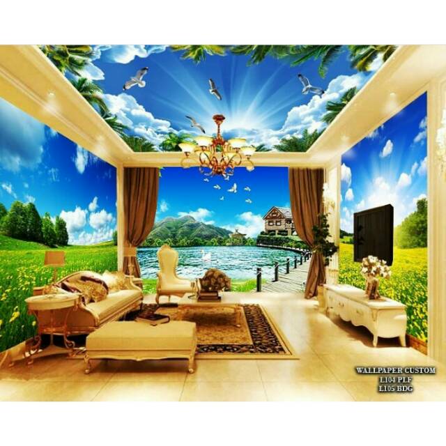 WALLPAPER DINDING DAN PLAFON 3D COSTUM TEMA PEMANDANGAN BUNGA2 DAN LAUTAN AWAN harga grosir termurah
