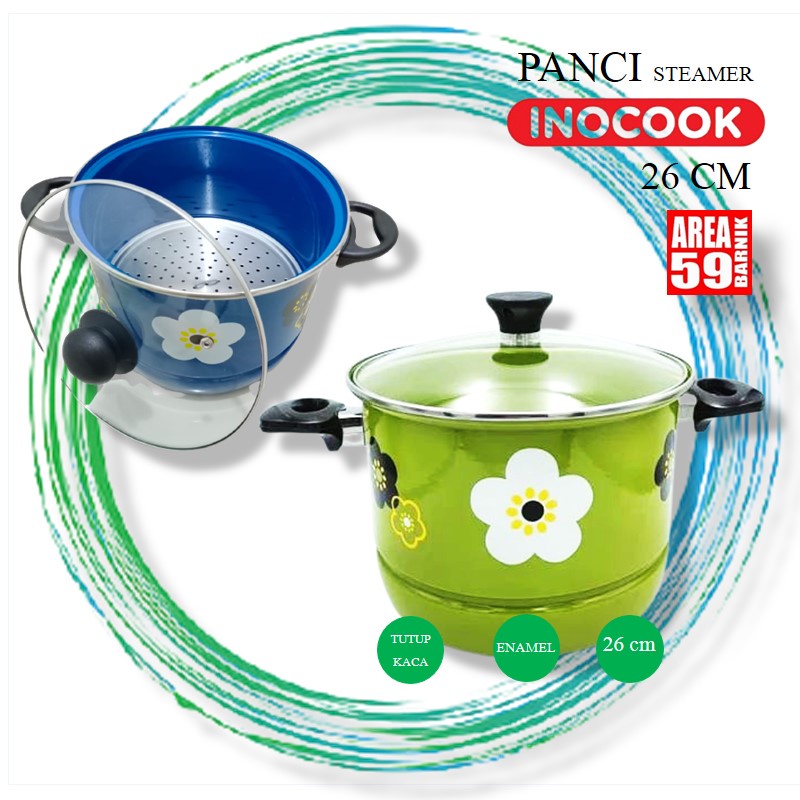Panci Kukus Steamer 26 cm Anti Lengket Bahan Enamel Tutup Kaca Motif Bunga Kualitas Expor