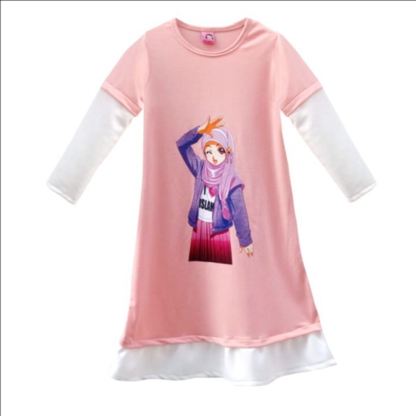 Unik Two Mix Dress Anak Perempuan Lengan Panjang Bahan Scuba Usia 1-12 4150 - Salem 2 Murah