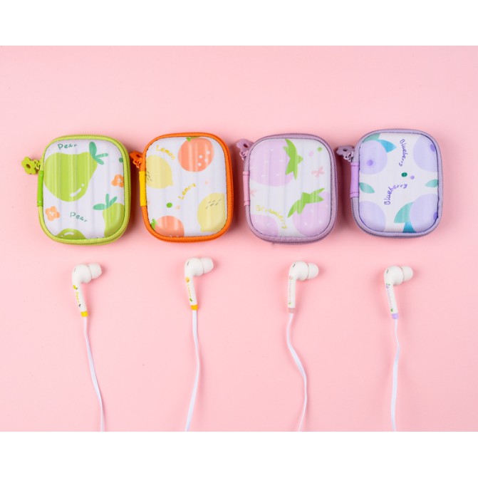 [ED-1018] Headset Earphone KOPER Motif BUAH-BUAHAN + Wadah Earphone Buah-Buahan Cantik Simple Elegan