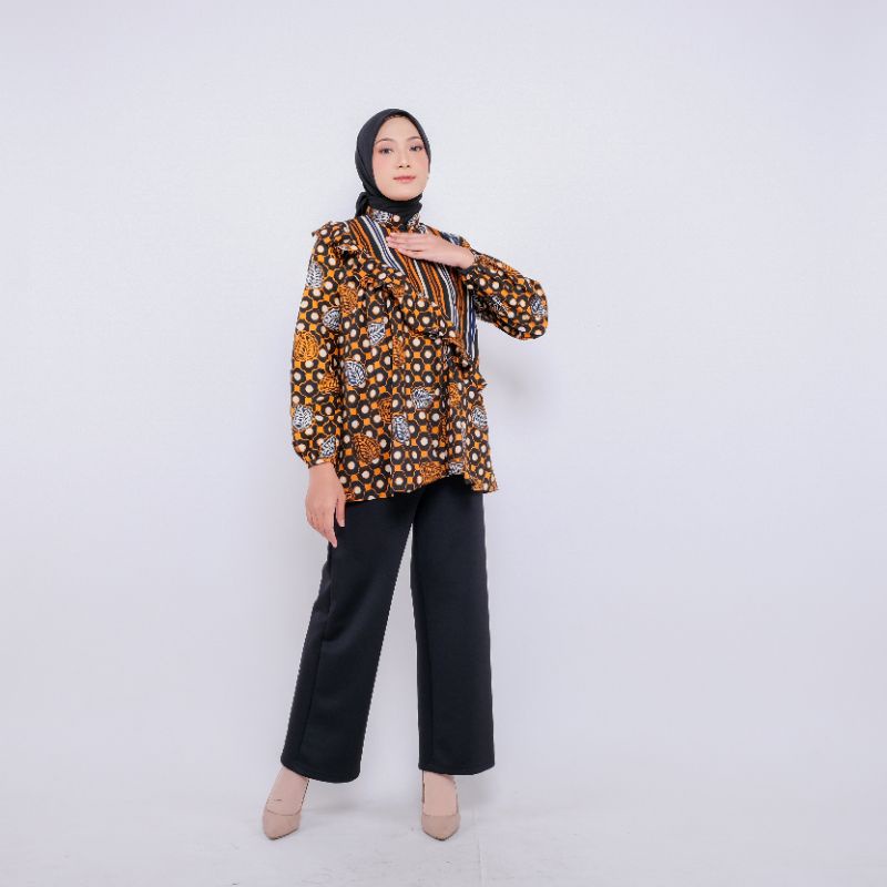 Cantika blus  batik kerja wanita kantor modern busui friendly lengan karet.