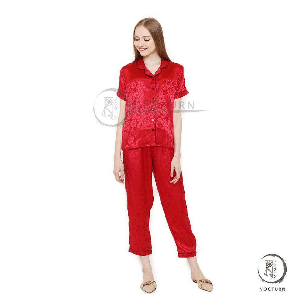 RECOMMENDED PIYAMA MEWAH SET RUBY RED MERAH VELVET SATIN IMPORT BAJU TIDUR WANITA CEWEK PAJAMAS