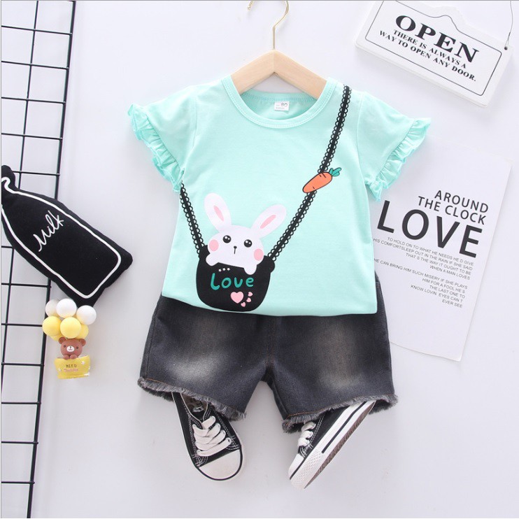 STC 10- Setelan kaos T-shirt dan celana pendek anak /baju setelan anak /pakaian anak perempuan motif kelinci