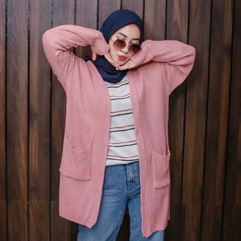 Cardigan Wanita Rajut Halus Long Cardigan BELLE OVERSIZE Premium-Dusty Pink