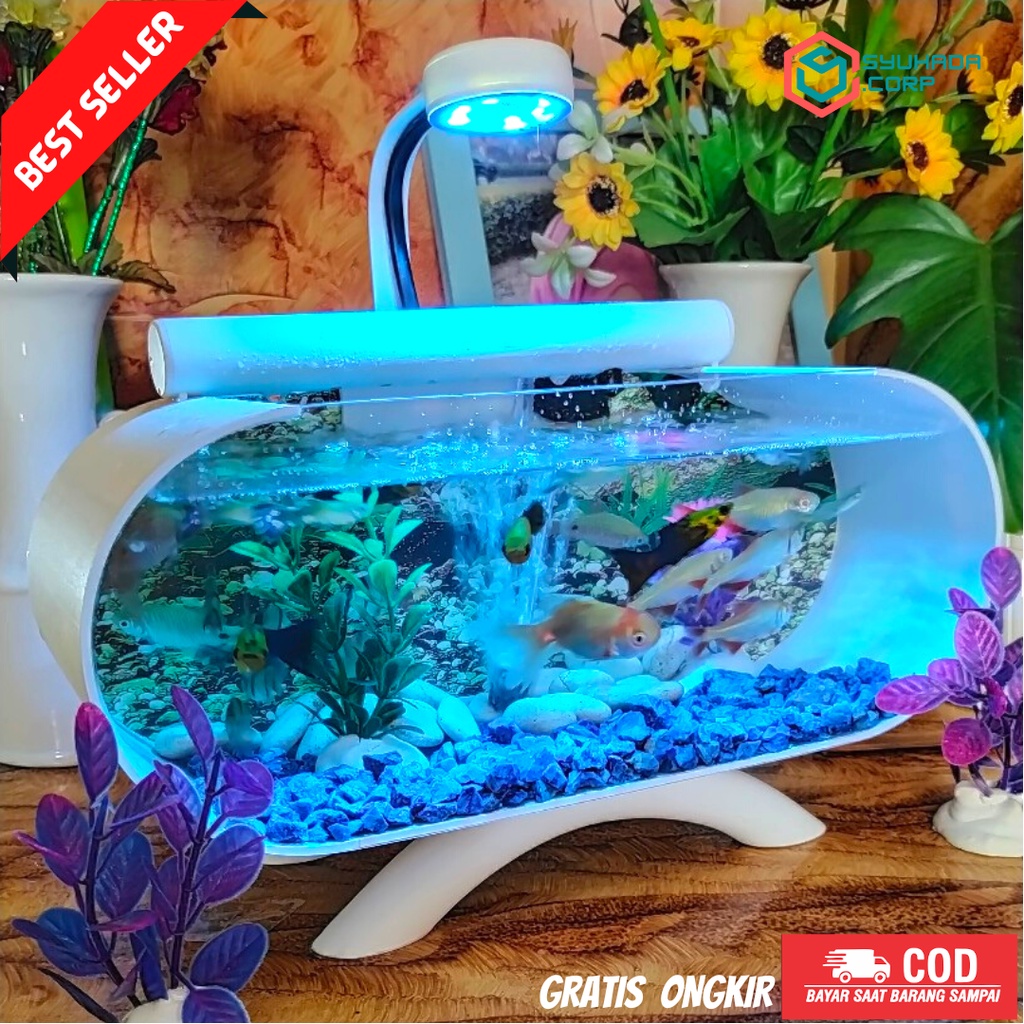 Mttb - [COD] 1 SET AQUARIUM AKRILIK CUPANG MINI PLUS MESIN AERATOR AIR MANCUR DAN LAMPU LED AQUARIUM