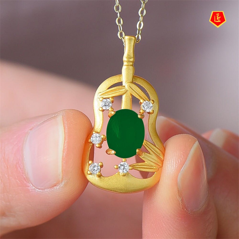 [Ready Stock]Gold Pipa Hetian White Jade Pendant Inlaid Green Chalcedony Necklace