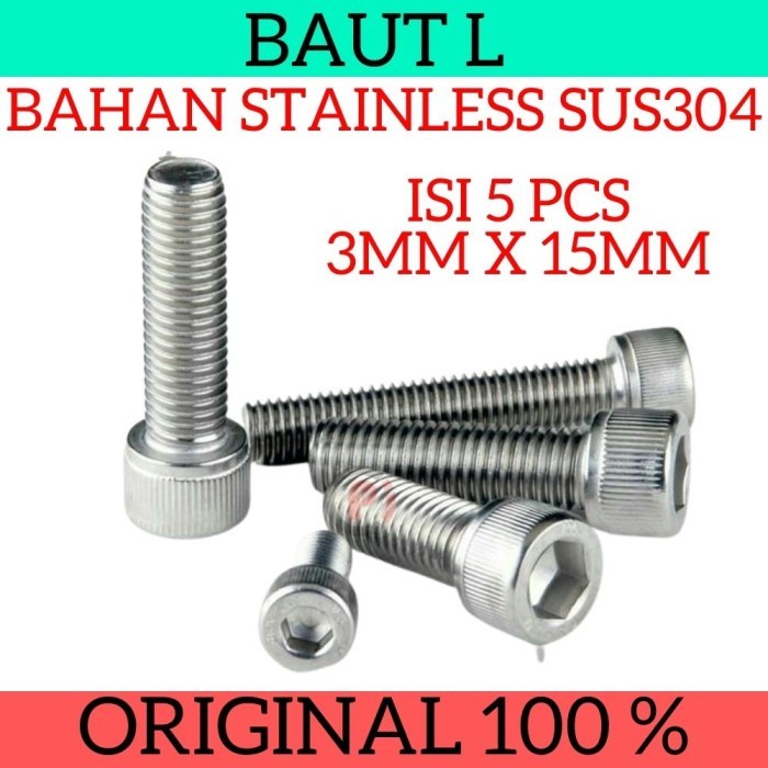 Isi 5 Pcs Baut L Ukuran 3 x 12mm 3x12mm Bahan Stainless Steel SUS304