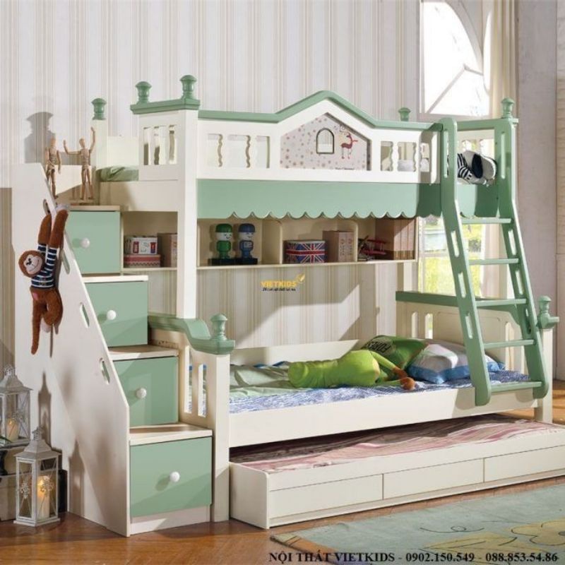 Tempat tidur anak tingkat 3 susun laki laki perempuan ranjang dipan tingkat sorong minimalis