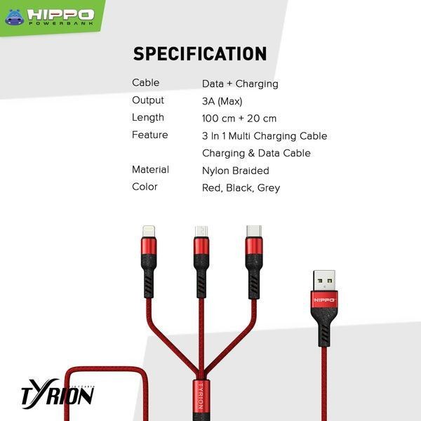 Hippo Tyrion Kabel Data Charger 3 in 1 Micro USB Type C Lightning Original Cable Ori Casan Iphone