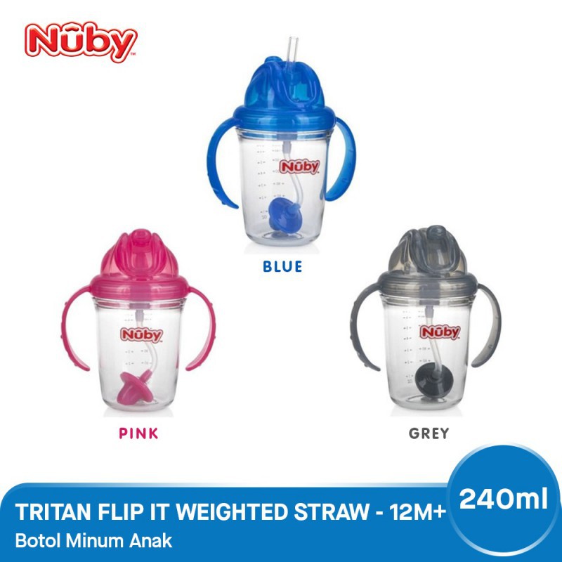 Nuby Tritan Flip It Weighted Straw Cup Gelas Minum Anak 12m+ 240 ml - Pink / Blue / Grey