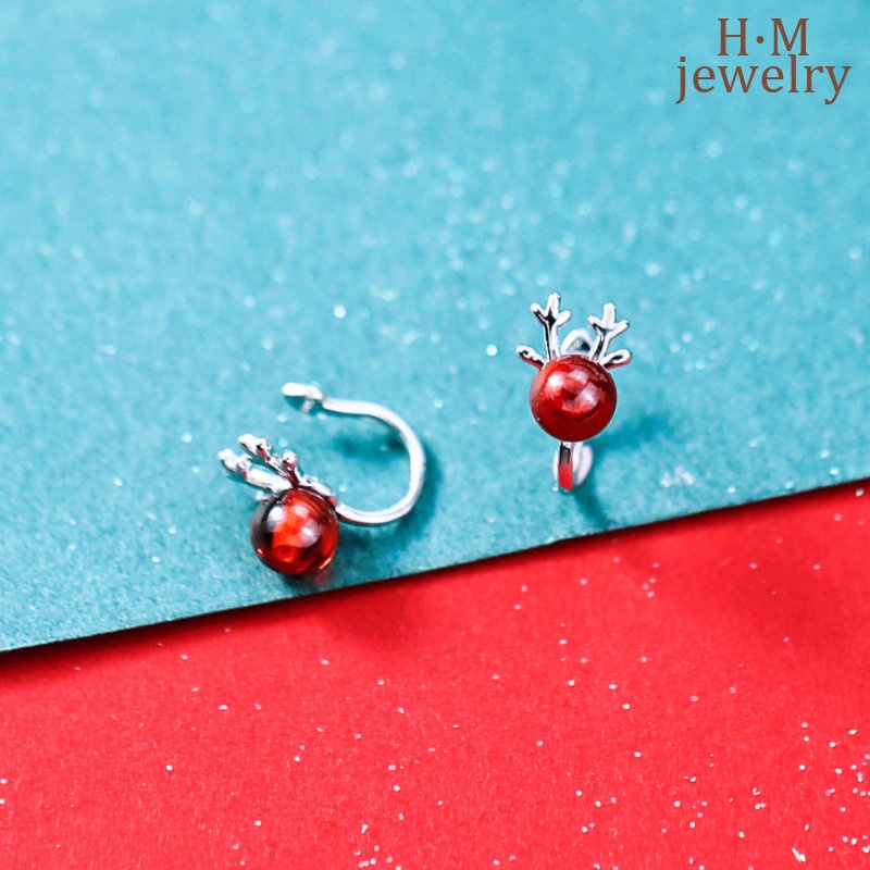 Anting Klip Tanpa Tindik Bahan S925 Silver Bentuk Tanduk Warna Merah Untuk Hadiah Natal