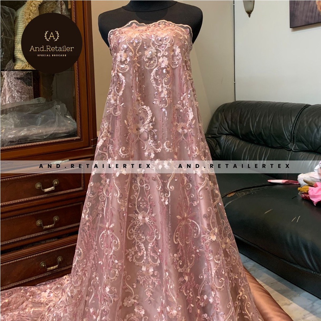 Bahan Kebaya Kain Brokat Tile Payet Gloria Full Payet Warna Milo Semi Rose Gold