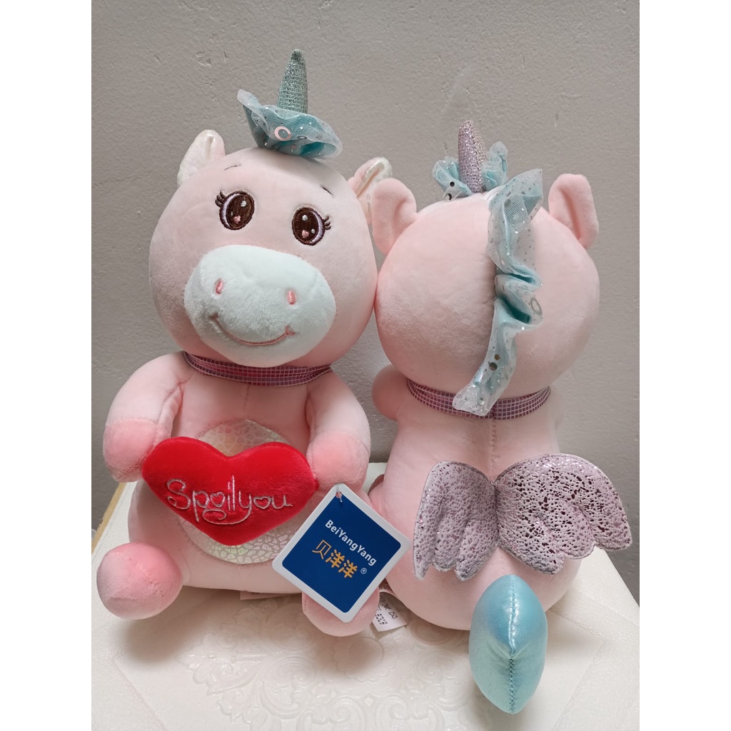 Boneka unicorn cantik pegang love terbang bahan plush