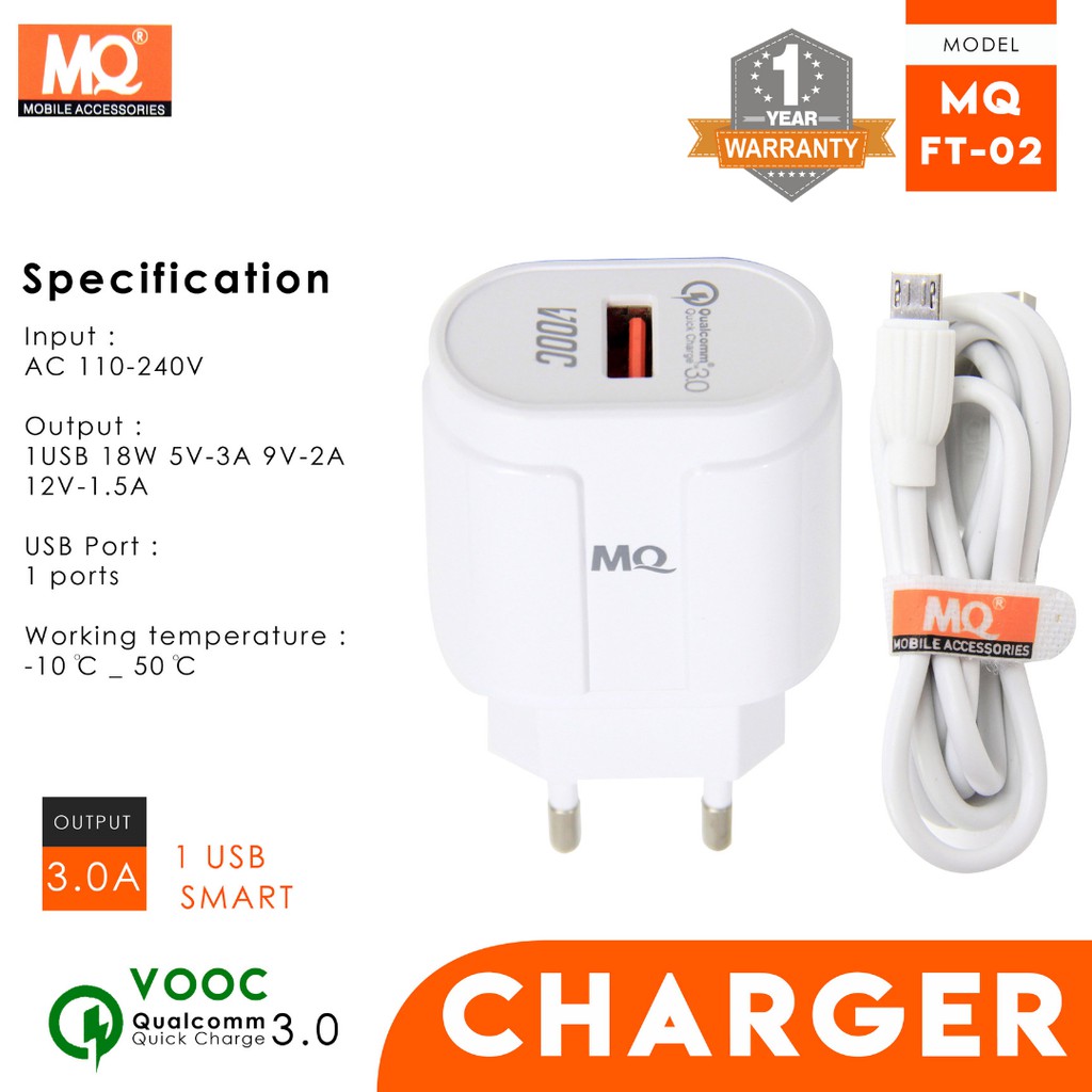 MQ Charger Qualcomm 3A 18W QC 3.0 with Cable Quick Charger Original FT02 - Garansi 1 tahun