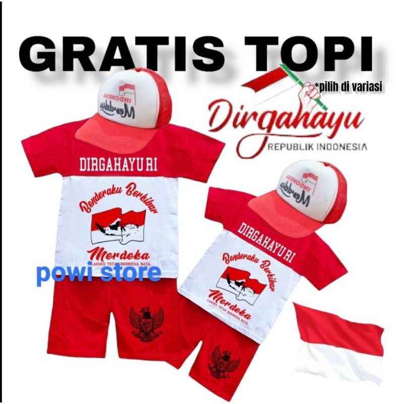 SETELAN ANAK DIRGAHAYU TERMURAH DAPAT TOPI DAN BISA SETELAN AJA DAN BISA TOPI AJA