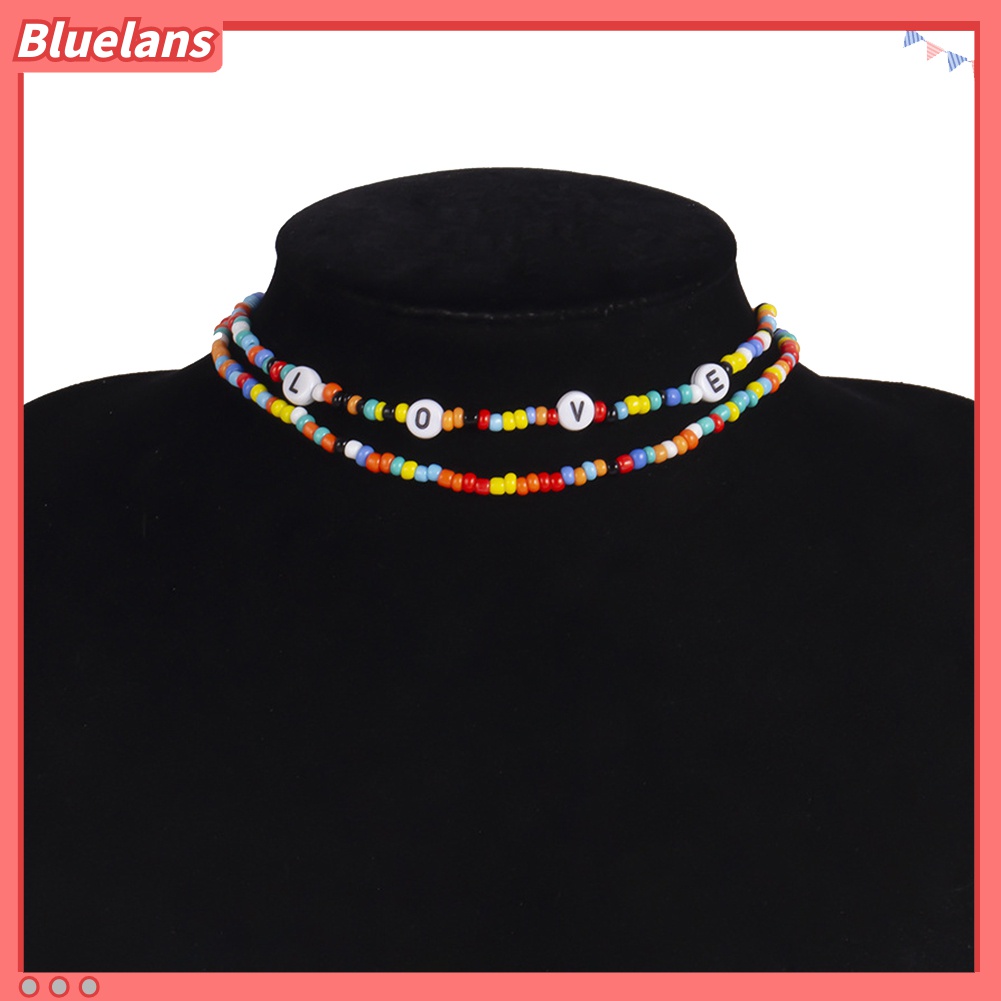 2pcs / Set Kalung Choker Manik-Manik Tulisan LOVE Warna-Warni Gaya Bohemian Untuk Wanita