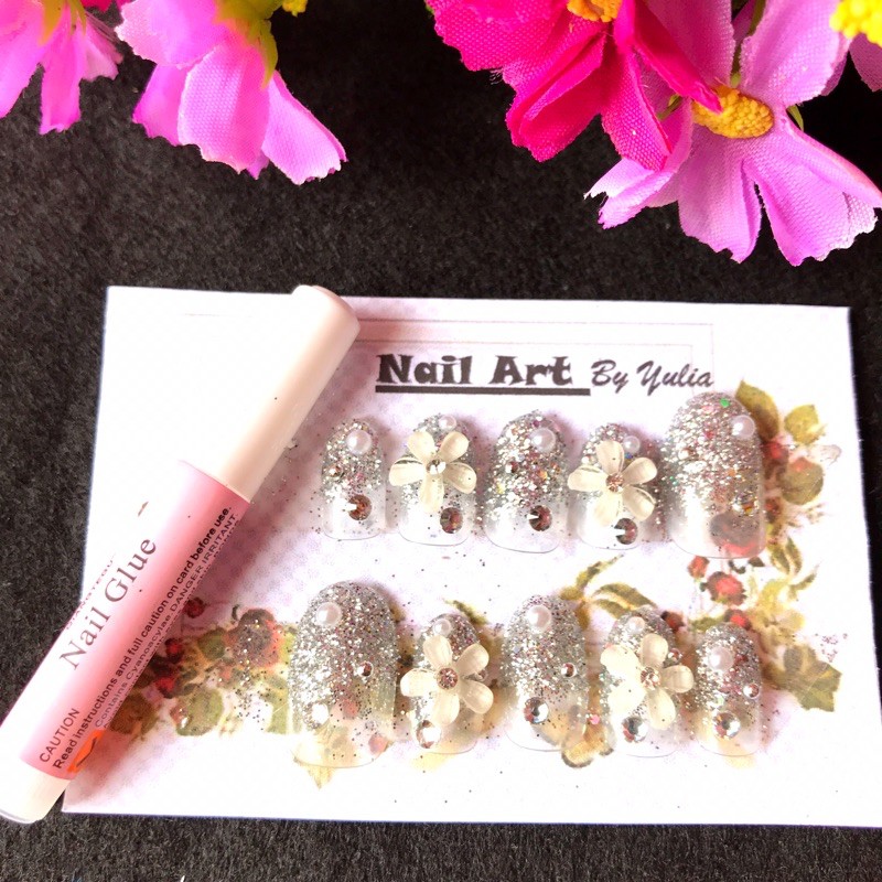 Nailart Nail art Sakura silver Kuku Palsu Fake Nail wedding