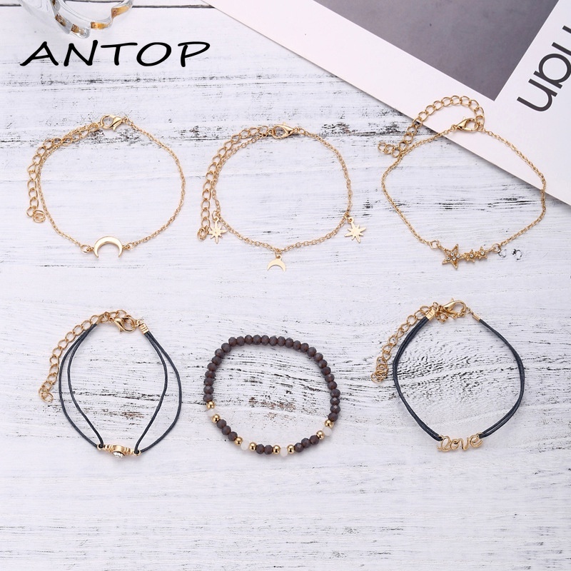 6 Pcs Retro Gelang Set Bintang Bulan Gelang Fashion Wanita Aksesoris Hadiah Teman Terbaik ANTOP