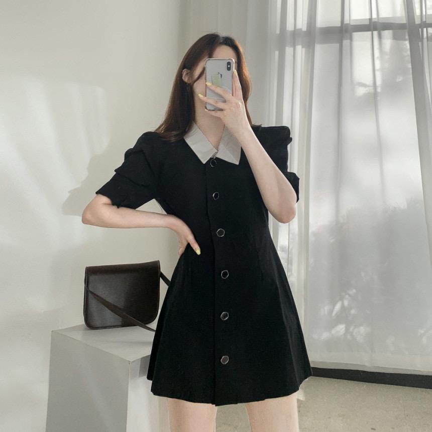 [littlecrab] Dress Full Kancing Simple Elegan Dress Kerah Putih Dress Polos Berkualitas Korean Style Short Dress Model Simply Dress Lengan Pendek Nyaman Dress Berkerah Lembut Berkualitas